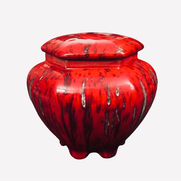 Vintage Red Pottery Hexagonal Ceramic Lidded Jar Urn 5.5" Drip Spot Glaze Signed - Picture 3 of 14